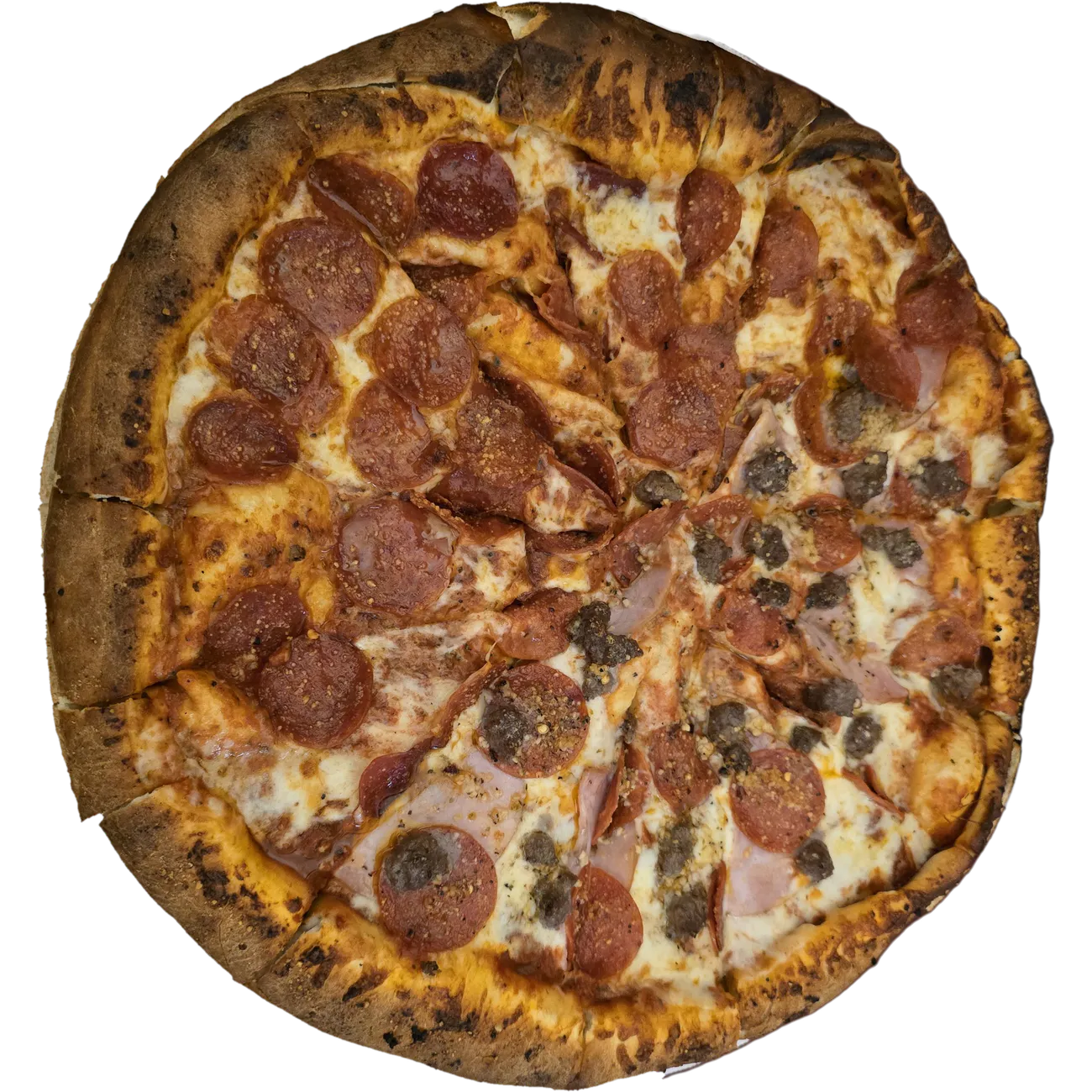 A Woodstock's pepperoni, Canadian bacon and sausage pizza, seen from above