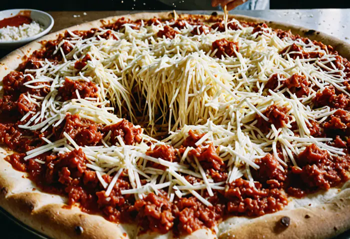 A heap of shredded mozzarella on a sauced crust