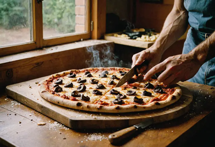 A baked pizza being cut into slices