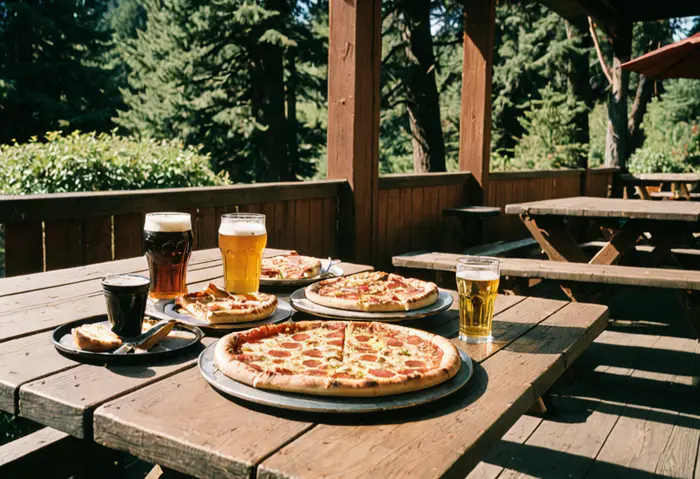 Pints and a pizza on a picnic table on a sunny wooden deck
