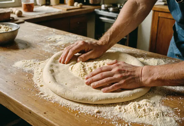 Hands pressing out a round of pizza dough on a floured counter