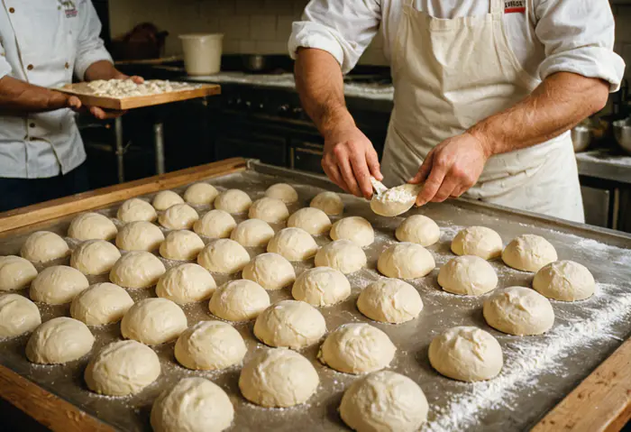 Trays of fresh dough balls on a floured counter