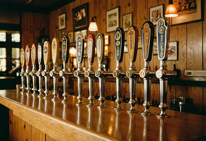 A long row of beer taps along a wooden bar