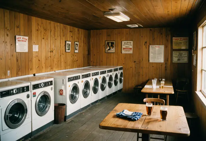 Washers and dryers in a small wood-panelled laundry room