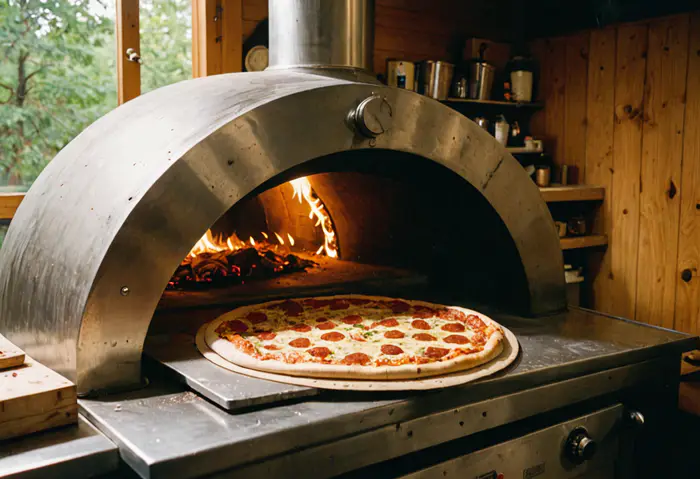 A pizza going into a gas deck oven on a peel