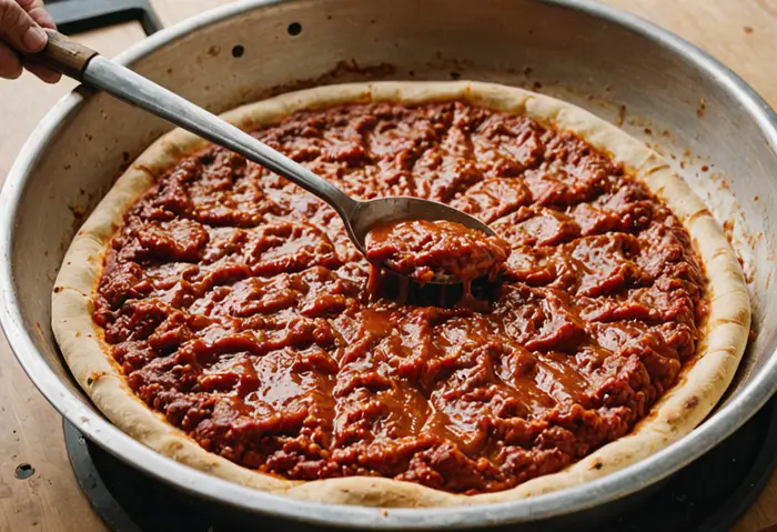 Red sauce ladled onto a raw crust