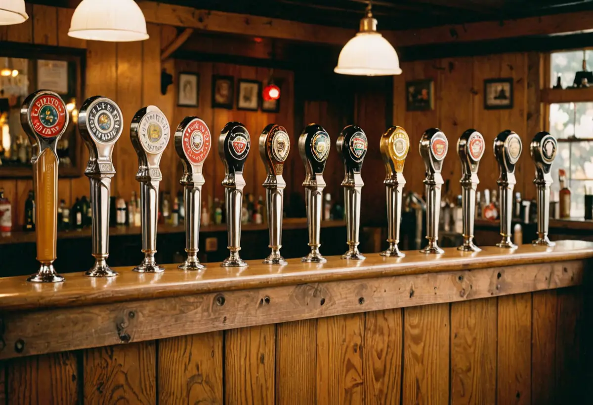 A row of beer taps behind a wooden bar