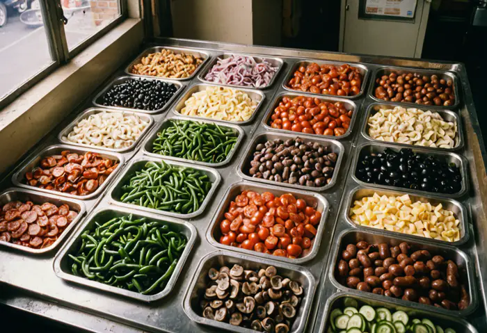 Bins of fresh pizza toppings