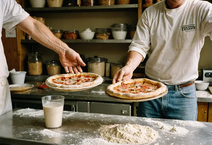 Hands tossing a round of pizza dough in the air
